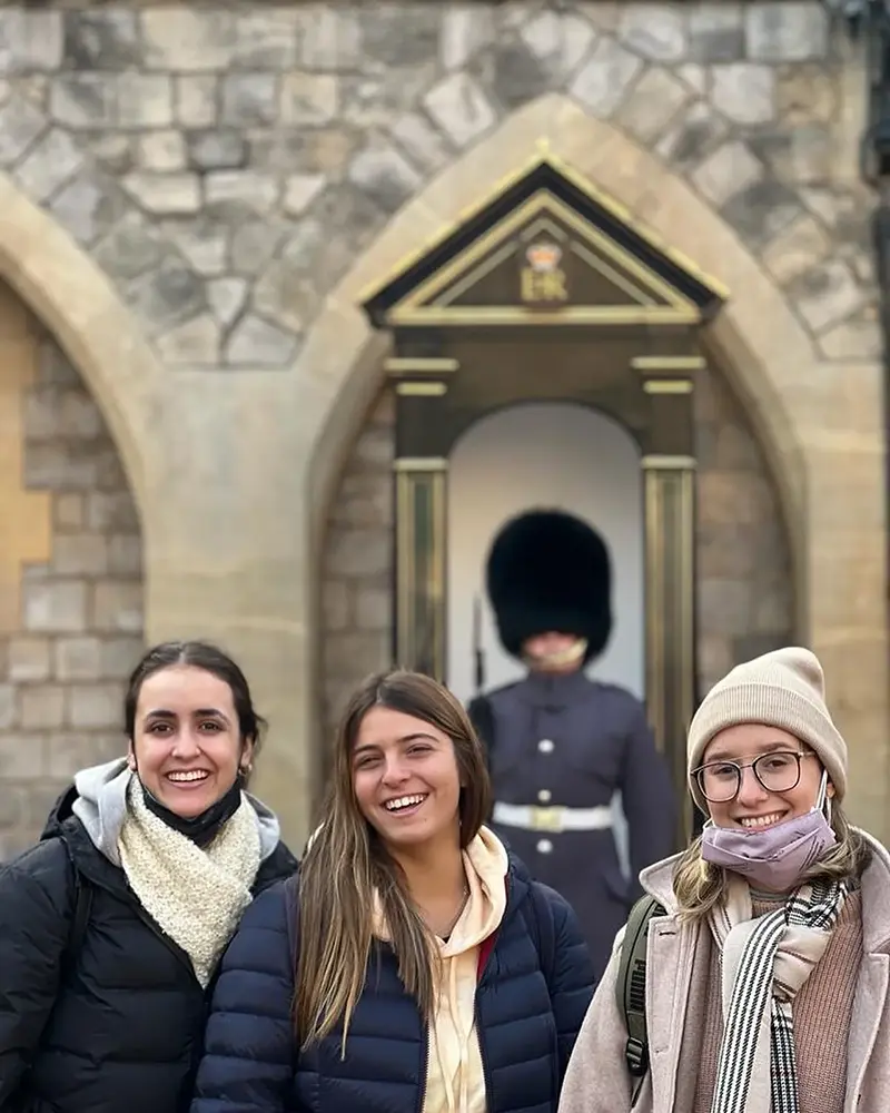 Students with King's Guard in London