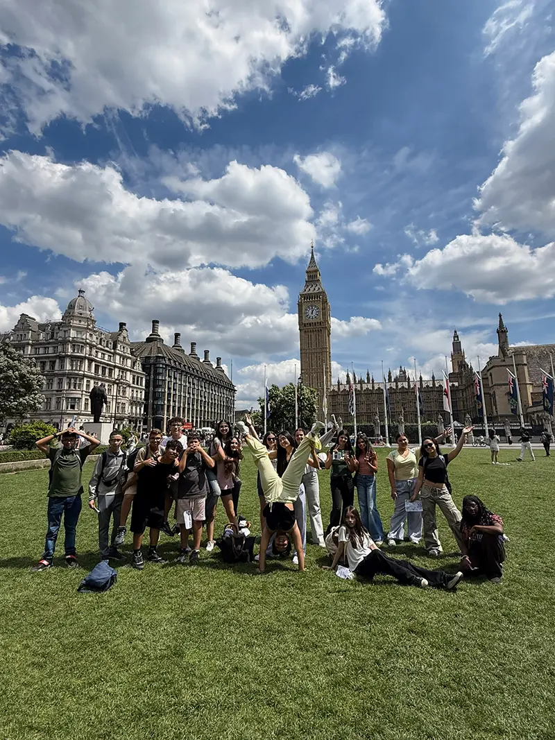 Students in front of Big Ben on a London excursion