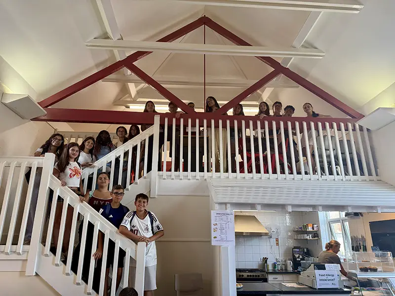 Students stood on cafeteria mezzanine at Southbourne School