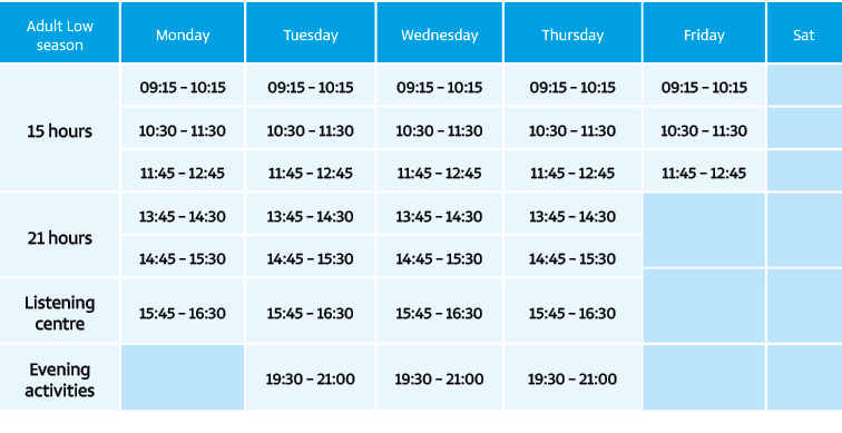 Adult Low Season Timetable